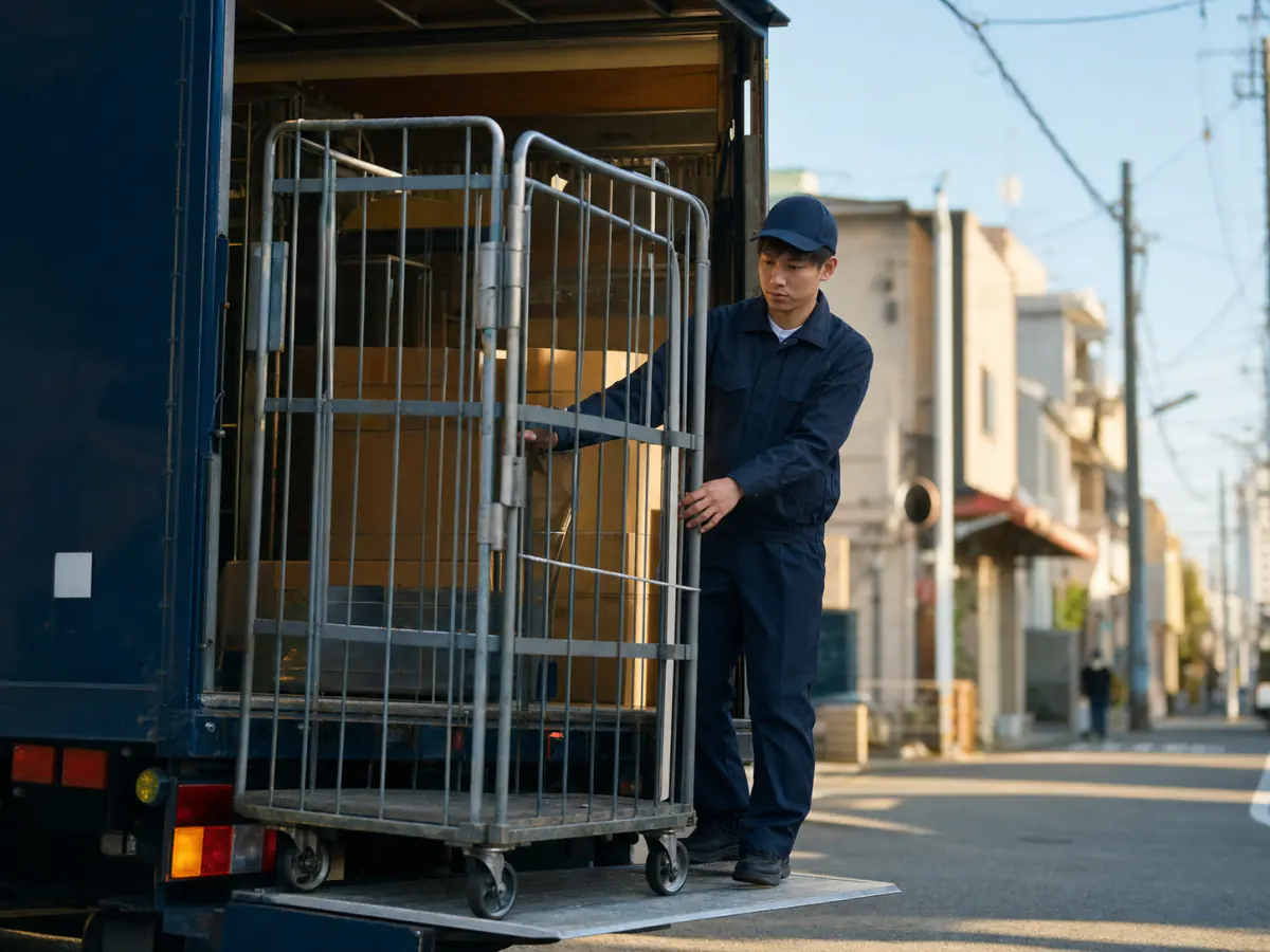 住宅街で4tトラックからカゴ台車を降ろすルート配送ドライバー