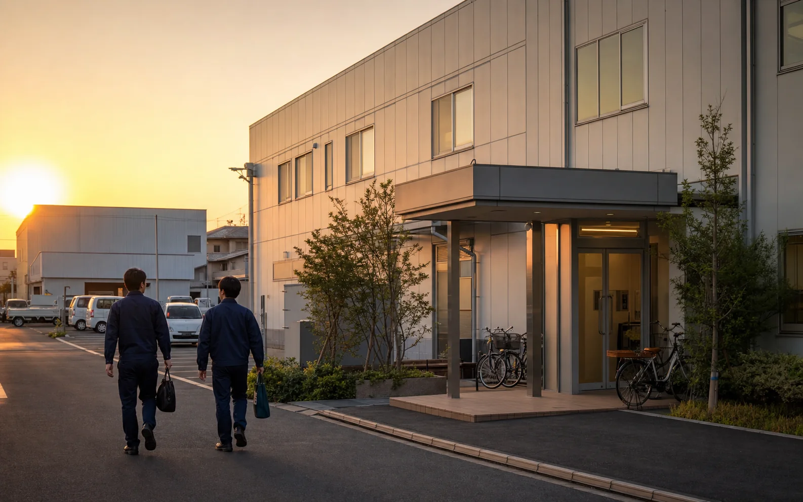 夕方の工場と退勤する社員