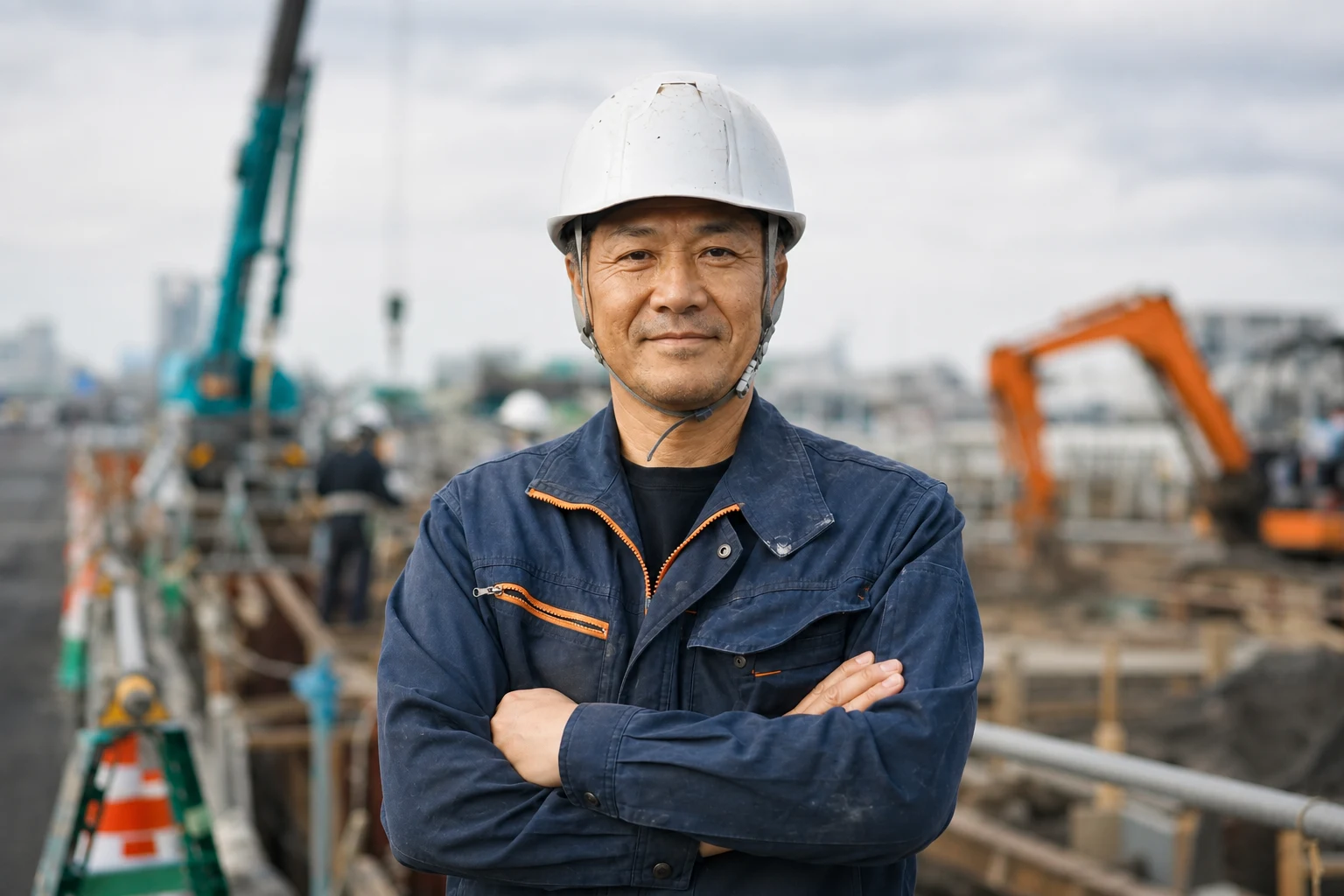 正面を向く土木作業スタッフ職長・田村健吾のインタビューポートレート