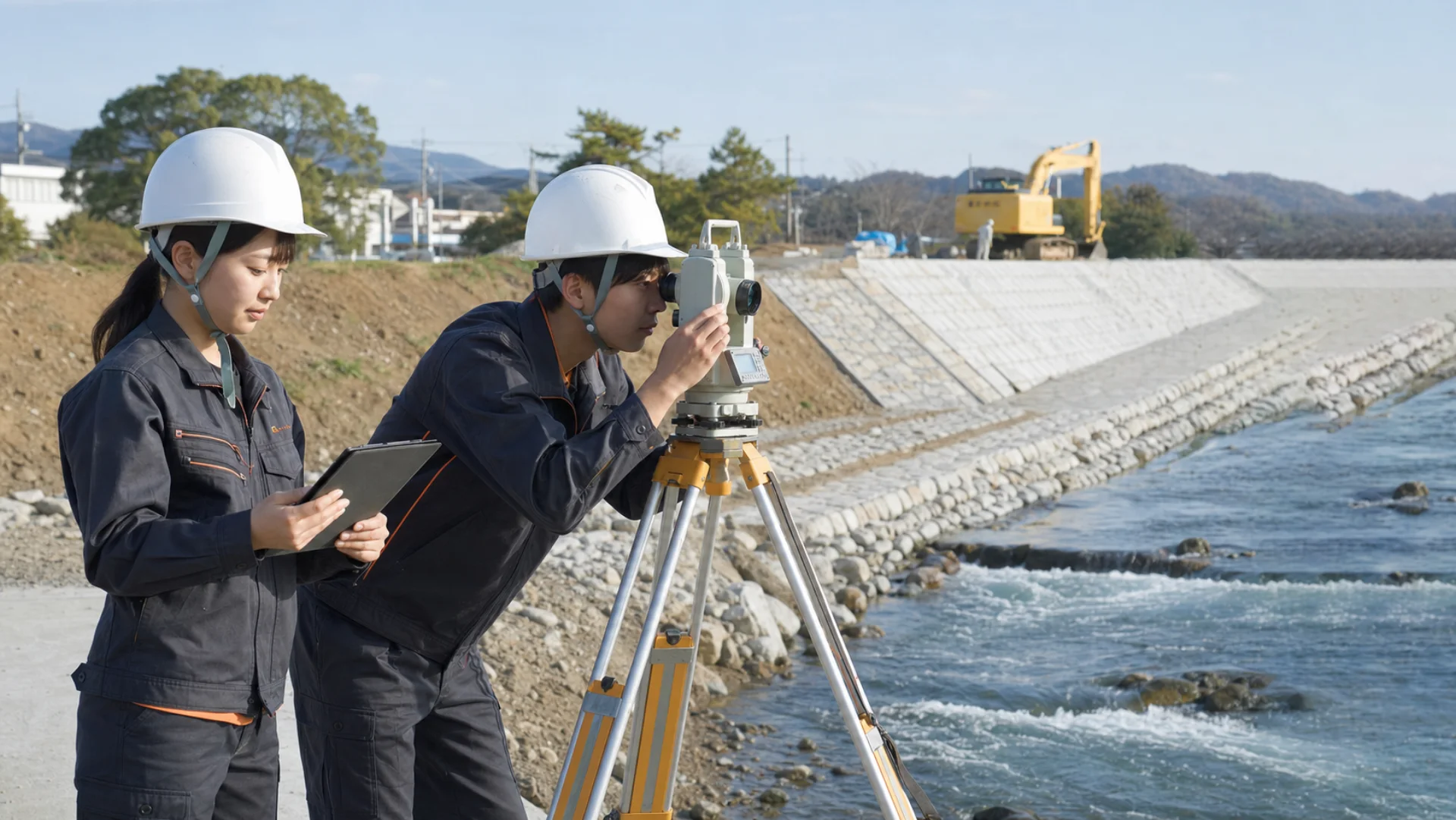 河川の護岸改修工事の現場