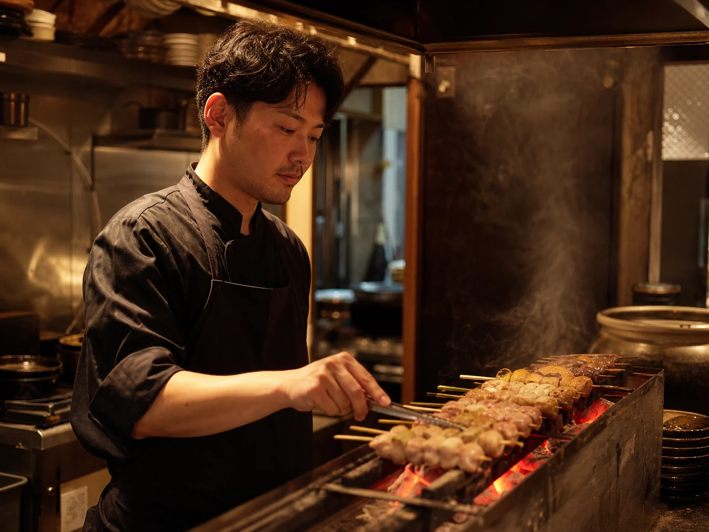 炭火の焼き場で串を返すキッチンスタッフ