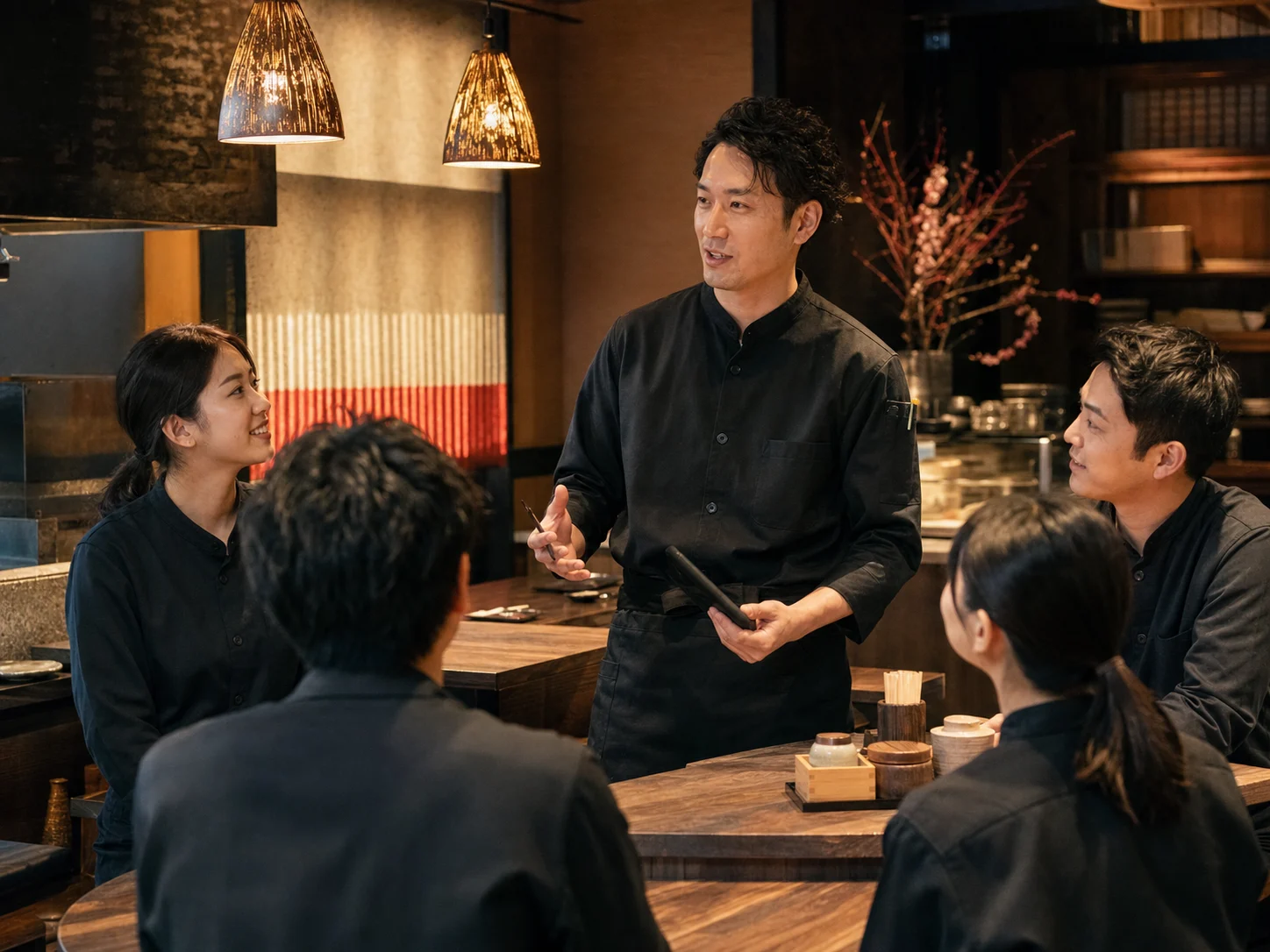 開店前のミーティングをする店長とスタッフ