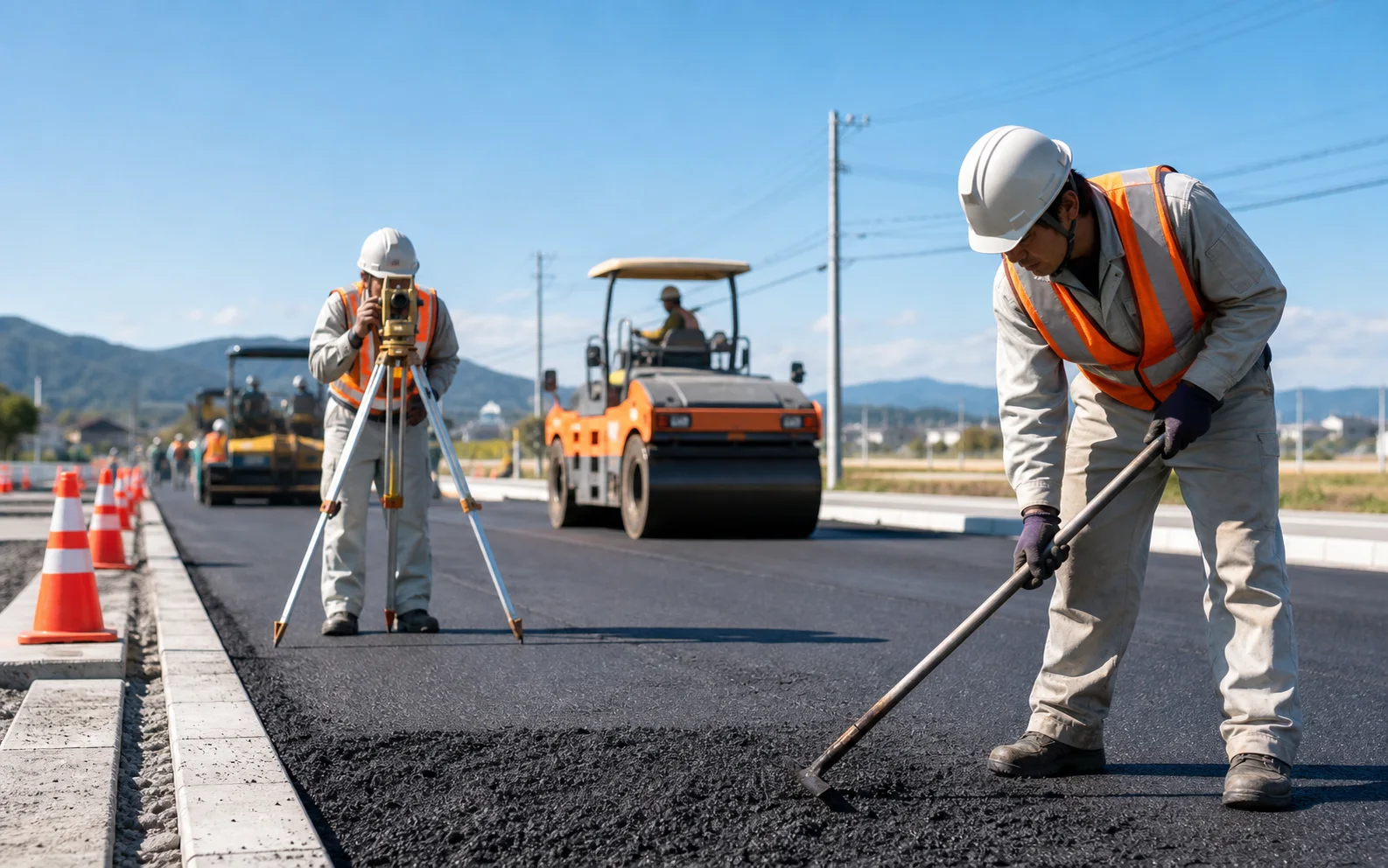 服装・現場背景・光を整えた道路工事の現場スナップ